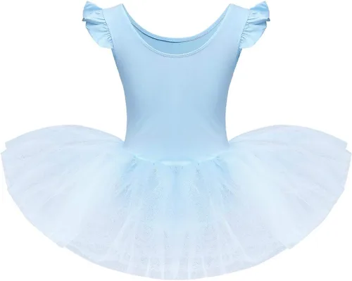 Miniatura 2 de IDOPIP Vestido de ballet con mangas voladas y volantes para niñas pequeñas, tutú con falda de leotardo, bailarina, baile, disfraz de gimnasia
