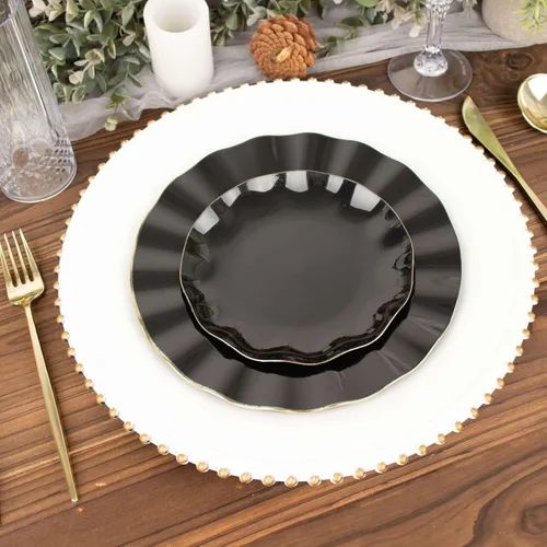 Miniatura 7 de Tableclothsfactory Paquete de 10 platos redondos de plástico negro de 6 pulgadas para ensalada de postre, platos desechables con borde ondulado