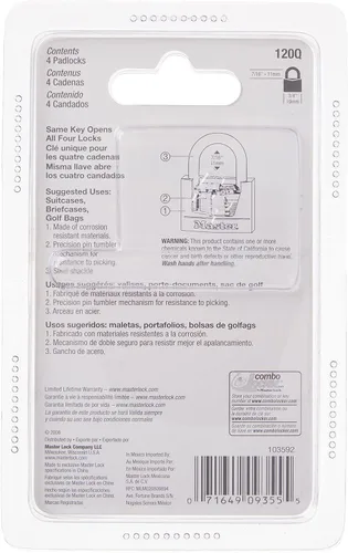 Miniatura 6 de Master Lock 120Q Candados anchos con llave, 3/4 pulgada, latón macizo, 4 unidades, 120Q