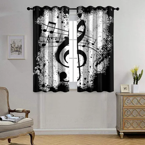 Miniatura 4 de Cortinas opacas de oscurecimiento de habitación con ojales, diseño rústico de símbolos musicales blancos y negros, tratamiento de ventana