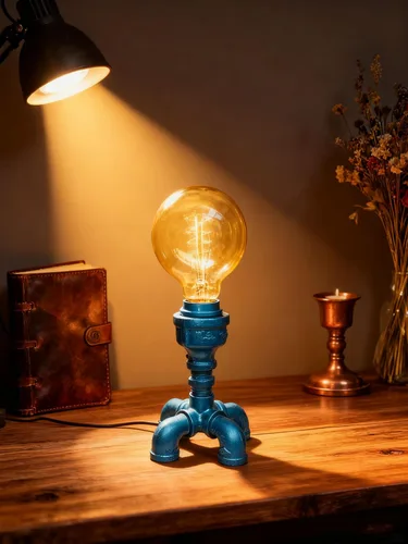 Miniatura 2 de Lámpara de mesa robot de tubería industrial, luz de escritorio Steampunk, metal dorado, estilo vintage (E)