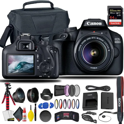 Canon Cámara DSLR EOS 4000D/Rebel T100 con lente de 0.709-2.165 in + tarjeta Sandisk Extreme Pro de 64 GB + filtros creativos + bolsa de cámara EOS