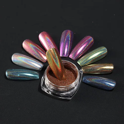 Miniatura 4 de Polvo holográfico de uñas de 10 colores, espejo metálico iridiscente Holo Aurora, efecto láser, pigmento cromado, purpurina para salón de belleza