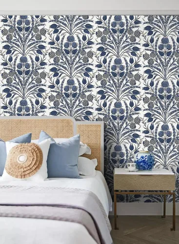 Miniatura 3 de CiCiwind Papel tapiz de despegar y pegar, color azul y blanco, papel de pared floral, bohemio, autoadhesivo, apto para inquilinos, papel de contacto