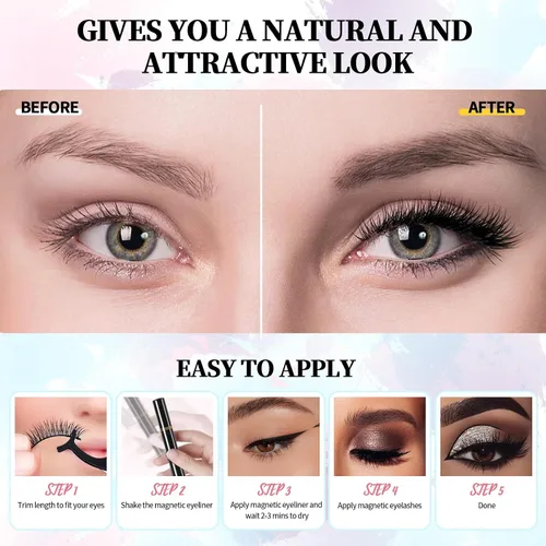 Miniatura 5 de Kit de pestañas magnéticas y delineador de ojos, 12 pares de pestañas magnéticas diferentes de aspecto natural 3D con delineador de ojos y pinzas