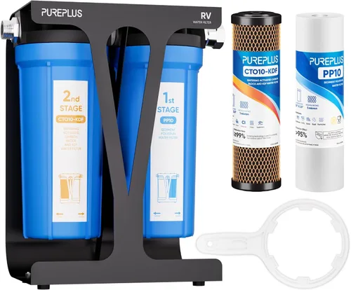 Miniatura 9 de PUREPLUS Sistema de filtro de agua de doble etapa RV con sedimentos ranurados y cartuchos KDF/carbono, accesorios de acero inoxidable de 3/4