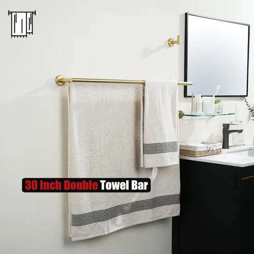 Miniatura 3 de JQK Barra Doble para Toallas de Baño, Oro Cepillado de 33 Pulgadas, Soporte de Toalla de Acero Inoxidable 304 Grueso de 0.8mm para Baño, Soporte