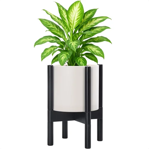 Miniatura 18 de Maceta de D'vine Dev con soporte - Maceta de flores de cilindro de plástico de 8.0 pulgadas con soporte de madera para interiores, maceta mate negra