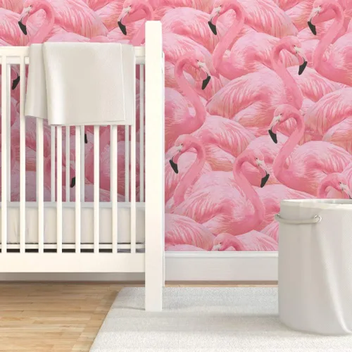 Miniatura 6 de Papel tapiz para despegar y pegar, flamenco, rosa, pájaros, flamencos, isla de flamencos, verano, retro, extraíble, por Spoonflower