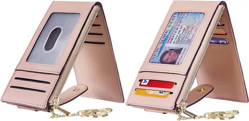 Miniatura 2 de Chelmon Billetera delgada con bloqueo RFID para mujer, con bolsillo con cremallera, Rosa Champán, Minimalista