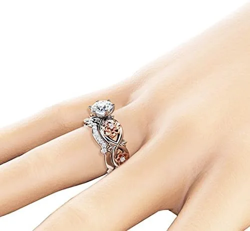 Miniatura 3 de Juego de anillos de compromiso de corazón marrón, piedras de luna, anillos de compromiso blancos para mujeres y rosas, anillos de plata de boda