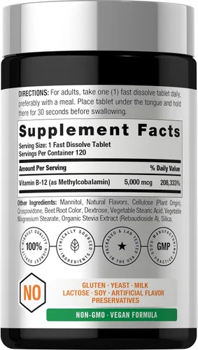 Miniatura 2 de Horbäach Vitamina B12 de 5000 mcg 120 tabletas de disolución rápida Metilcobalamina sublingual Suplemento vegetariano, sin OGM y sin gluten