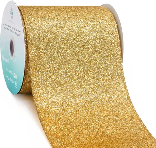 Miniatura 9 de Cinta de alambre con purpurina de 1,5" x 10 yardas dorada (oro champán) para decoración navideña del hogar, arcos, envoltorios de regalos