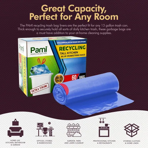 Miniatura 3 de PAMI Bolsas de basura altas con cordón de reciclaje para cocina, bolsas de basura de plástico extra fuertes, forros gruesos para cubos de basura