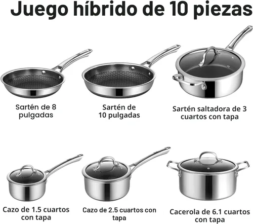 Miniatura 4 de SNOWCLAD - Juego de ollas y sartenes antiadherentes, 10 piezas de juego de utensilios de cocina de acero inoxidable híbrido, sartenes