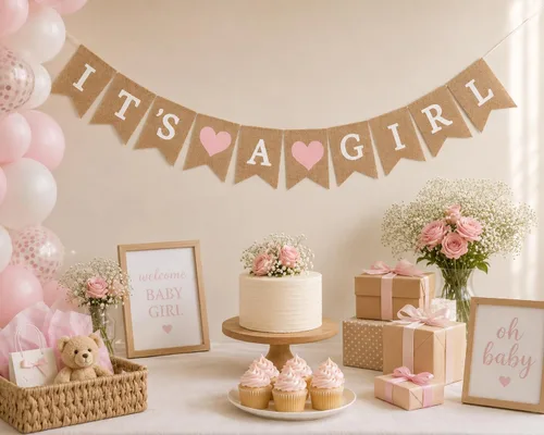 Miniatura 4 de Cartel de arpillera con texto en inglés "It's a Girl" para decoración de baby shower y fiesta de revelación de género (corazones rosa claro)