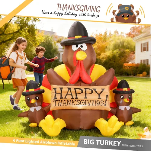 Miniatura 2 de VIVOHOME - Decoración de jardín inflable de 6 pies, figura de familia de pavos con iluminación LED para el día de Acción de Gracias