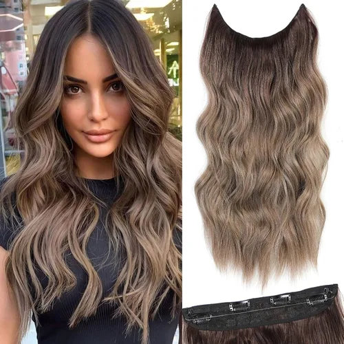 Miniatura 29 de Extensiones de cabello con halo de 12 pulgadas con alambre invisible, cabello largo ondulado ajustable, sintético, mejora con 4 clips de seguridad