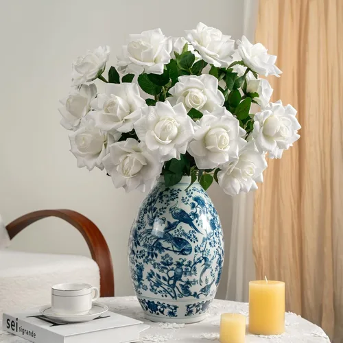 Miniatura 3 de Flores artificiales, rosas artificiales, rosas falsas de 23.2 pulgadas de tallo largo, flores artificiales para jarrón alto, rosa de seda, 20 Blanco