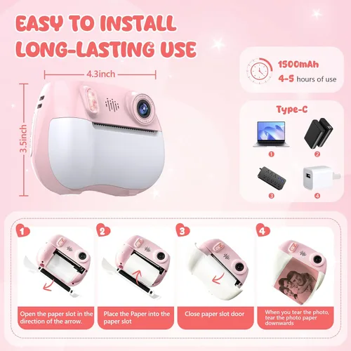 Miniatura 7 de Cámara para niños con impresión instantánea 1080P frontal y trasera dual selfie – Cámaras para niños pequeños con videojuegos digitales, 32 GB y Rosa