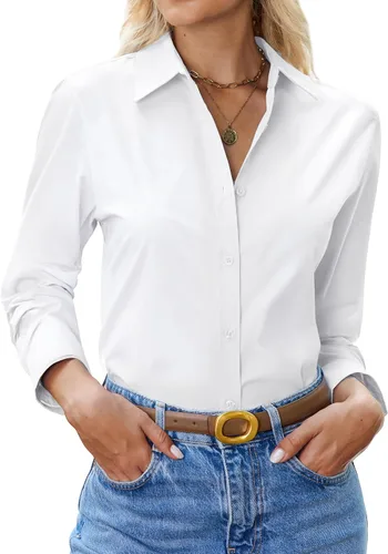 Miniatura 20 de siliteelon Camisa con botones para mujer: camisa de vestir con cuello de manga larga de algodón con botones, blusa de trabajo y oficina
