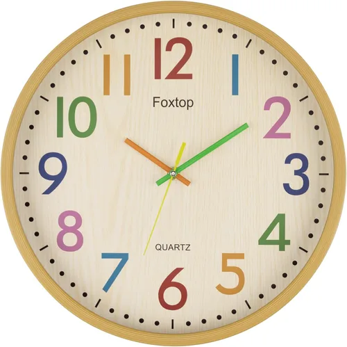 Miniatura 10 de Foxtop Reloj de pared silencioso para niños, funciona con pilas, sin tictac, reloj colorido para niños, para aula, sala de juegos, habitación