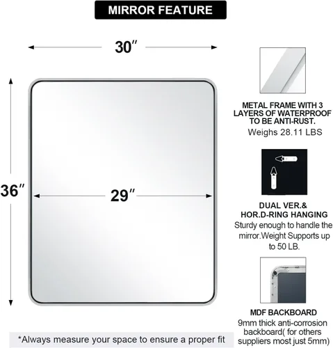 Miniatura 2 de ANDY STAR - Espejo de baño cromado, espejo rectangular redondeado de 30x36 pulgadas con marco de metal plateado pulido, espejo de tocador de baño