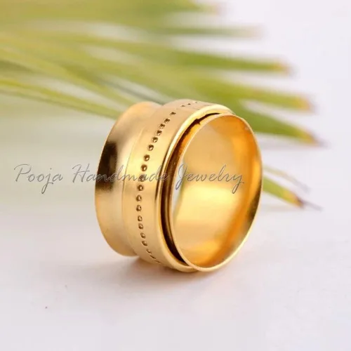 Miniatura 4 de Gold Spinning Ring, Spinner Texture Ring, Meditation Handmade Ring, Carved Spinner Ring, Gold Plated Wide Bang Ring, 925 Sterling Silver Ring