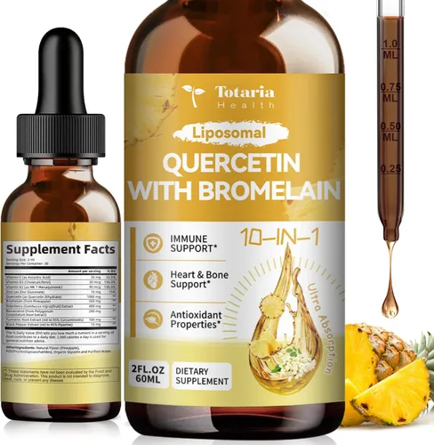 Totaria Quercetina liposomal con gotas líquidas de bromelina, quercetina de alta absorción de 1000 mg y bromelina 500 mg más saúco, vitamina C, zinc