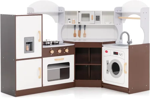 Costzon Juego de cocina esquinera para niños, cocina de madera con sonidos y luces, lavadora, máquina de hielo, microondas, horno, fregadero y