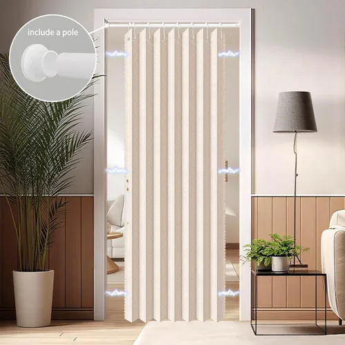 Miniatura 3 de AJAZZ Conjunto: Barras para cortinas sin perforación (28-39" de ancho) y cortina acordeón para puerta, beige 43" de ancho × 78" de largo, puertas