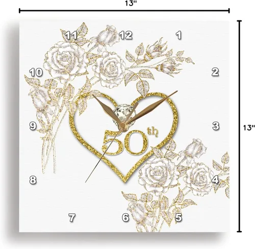 Miniatura 8 de 3dRose 50º aniversario de bodas de oro en oro sintético con purpurina en corazón sobre blanco, reloj de pared de 13 x 13 pulgadas