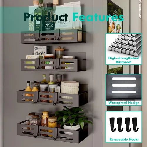Miniatura 4 de SETBAOO Paquete de 4 estantes magnéticos para especias para refrigerador, estante magnético negro y nevera, organizador de gabinetes de cocina