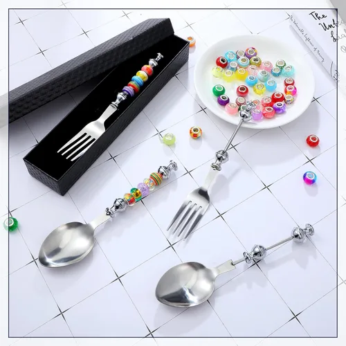 Miniatura 6 de Lasnten Juego de 6 cucharas con cuentas con 50 cuentas surtidas de agujeros grandes, cucharas decorativas de acero inoxidable, artículos