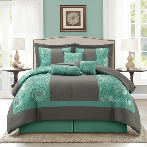 Grand Avenue Juego de edredón gris aguamarina, tamaño Queen, juego de ropa de cama suave jacquard de 7 piezas, para todas las estaciones, falda de