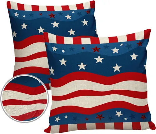 Funda de almohada impermeable para el Día de la Independencia para exteriores, diseño de estrella en ondas rojas y azules, fundas de cojín