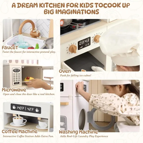 Miniatura 4 de Freniland Cocina de juego de madera, juego de cocina para niños con luz y sonido reales, máquina de hielo realista, estufa y horno, juguete
