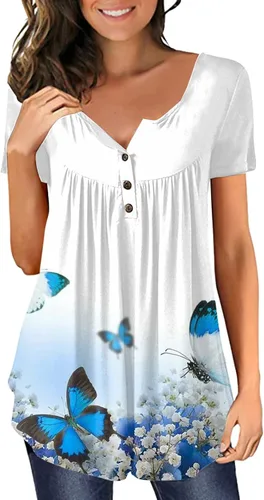 Summer Womens Low Neck Short Sleeve Tops Floral Printing T Shirt with Buckle Pleat Casual Slim Tee Blouse for Teen Girl