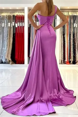 Miniatura 3 de One Shoulder Mermaid Bridesmaid Dresses Long Prom Dresses Satin Formal Evening Gowns with Train