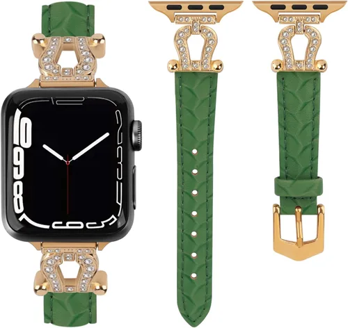 Correas de cuero compatibles con Apple Watch Band de 38/40/41/42/44/45/46/1.929 in, el diamante brillante está montado en la hebilla de metal en