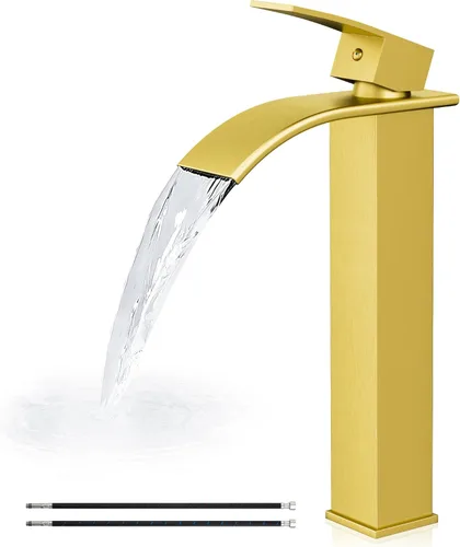 Airuida Grifo de lavabo, grifo alto de baño de cascada, grifo mezclador de un solo orificio con boquilla rectangular grande, grifo de fregadero de