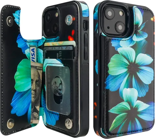 Miniatura 7 de HAOPINSH Funda para iPhone 13 Mini con tarjetero y diseño de flores en la parte posterior, con función atrás, de piel sintética, con ranuras