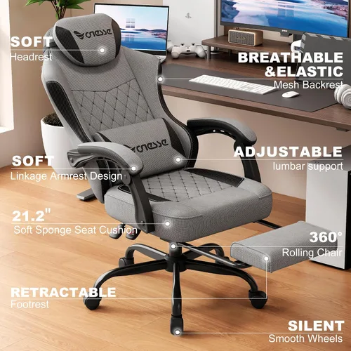 Miniatura 4 de Silla de juego Vonesse, silla de computadora de tela con cojín de resorte de bolsillo, silla de oficina con reposapiés y soporte lumbar de masaje