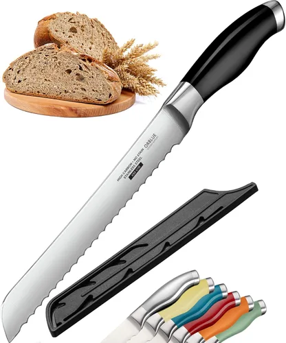 Orblue Cuchillo de pan dentado, cortador de pan de acero inoxidable ultra afilado de grado profesional, corta panes gruesos sin esfuerzo (hoja de 8