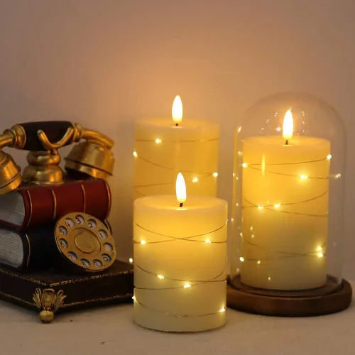 Miniatura 4 de Eldnacele Velas sin llama que funcionan con pilas con control remoto y temporizador, tira de luces LED de cera real, velas LED de pilar de cera