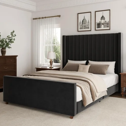 Base de cama tamaño Queen, plataforma tapizada de terciopelo con cabecera y estribo de 62 pulgadas de alto, diseño de rayas verticales, somier Negro