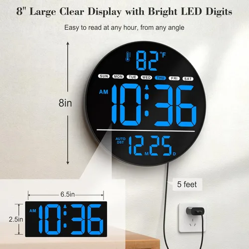 Miniatura 2 de WallarGe Reloj de pared digital grande con pantalla LED, reloj de pared eléctrico con temperatura, DST automático, fecha y día, brillo de 5 niveles