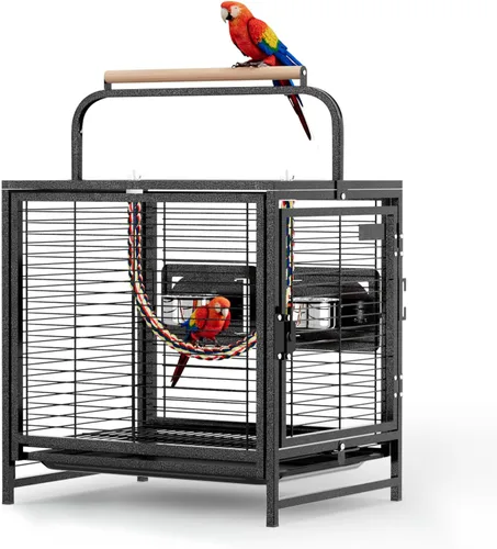 VINGLI Jaula para pájaros pequeños, jaula de viaje de 19 pulgadas con asa, jaula de periquitos de hierro forjado con perca de madera para loros,