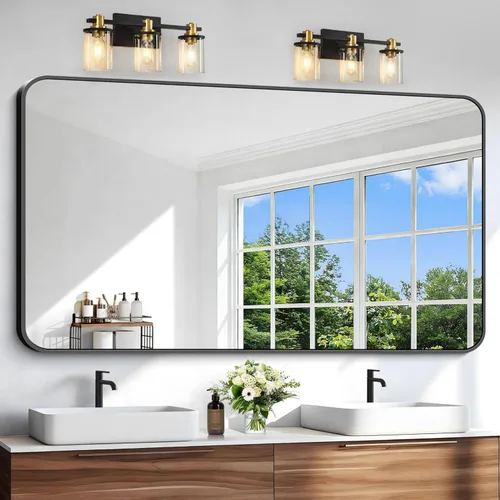 Miniatura 25 de Espejo de baño de 18 x 24 pulgadas con marco de metal negro rectangular, espejo de tocador rectangular de esquinas redondeadas, espejo de pared