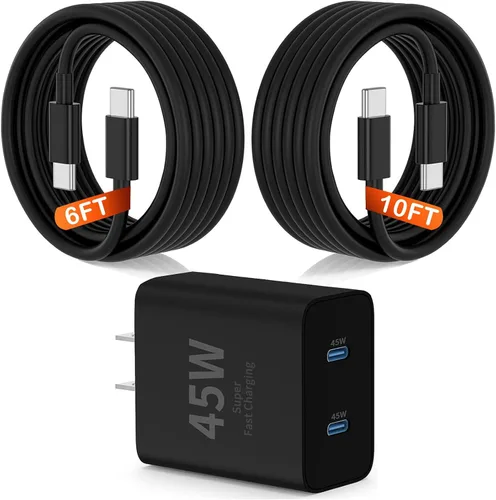 Cargador dual tipo C de 45 W de carga rápida para Samsung, PD 3.0 GaN bloque de cargador de teléfono Android súper rápido con cable USB C largo de